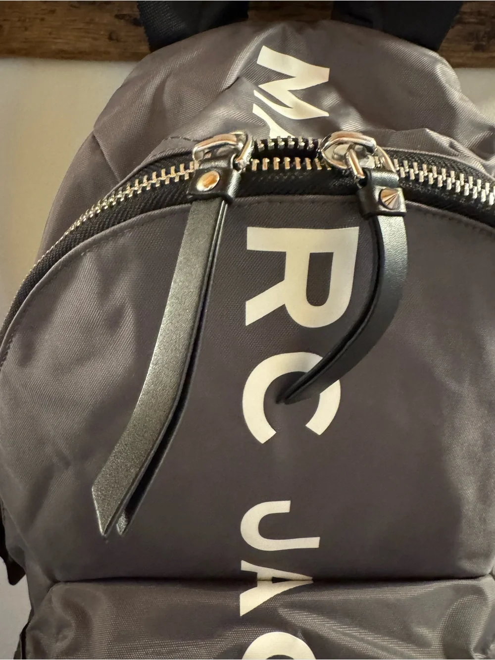 Marc Jacobs Suspiria Logo Print Backpack Gray Nylon with White Letters with card